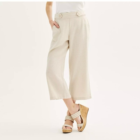 Women's Croft & Barrow® Pull-On Wide Leg Crop Pants linen blend size L beige - Picture 1 of 5